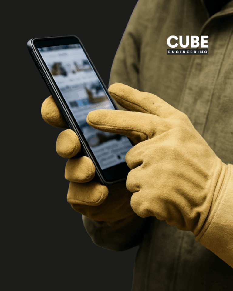 Osoba w rękawicach używa smartfona, Cube Engineering.